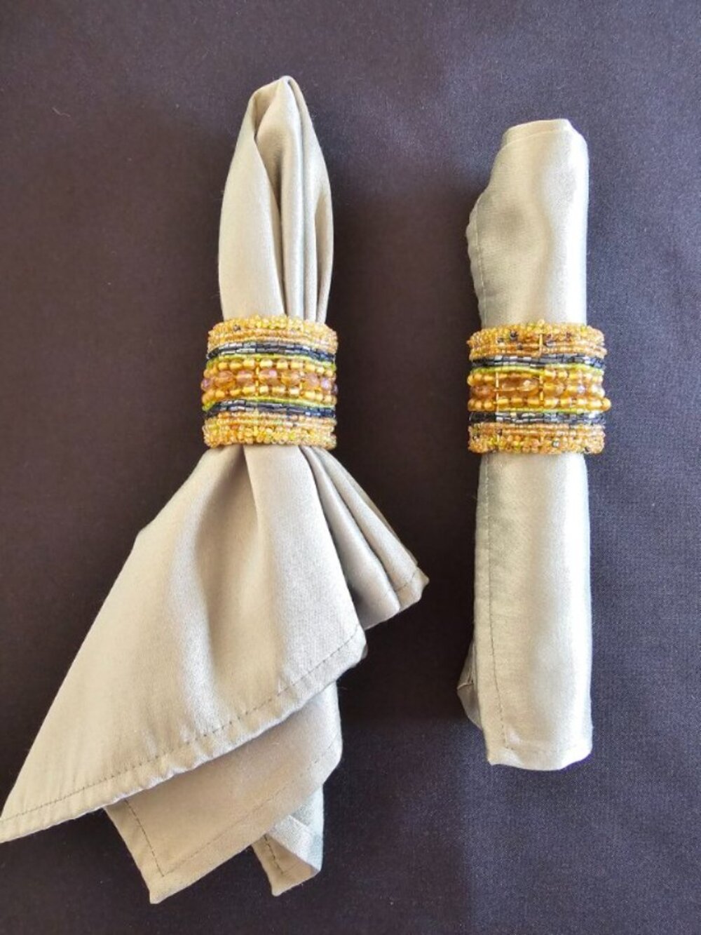 Set of #8 Sateen Napkins, Sage Green + Set of #8 Beaded Napkin Rings